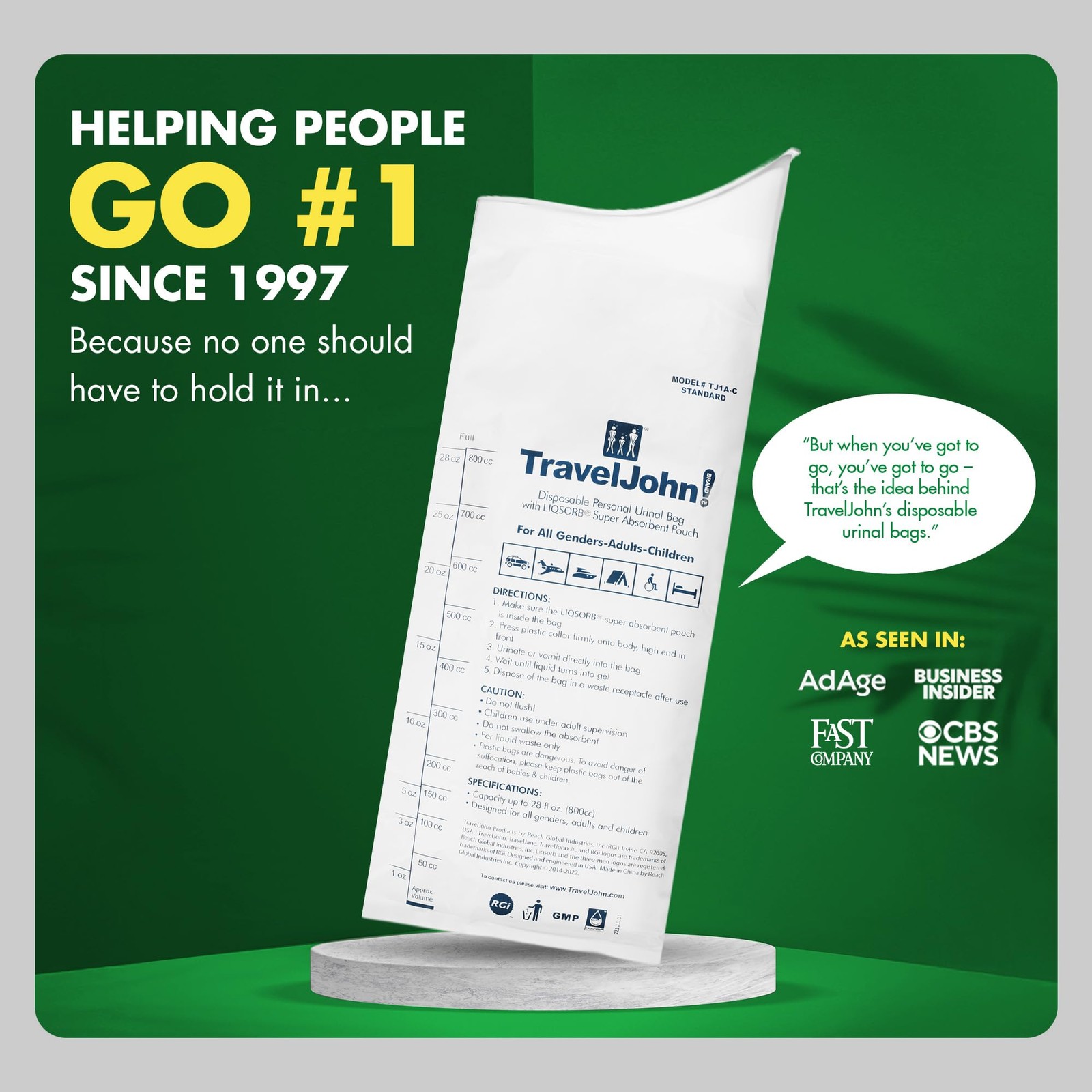TravelJohn Disposable Urinal Bags Leakproof Portable 3 Pack