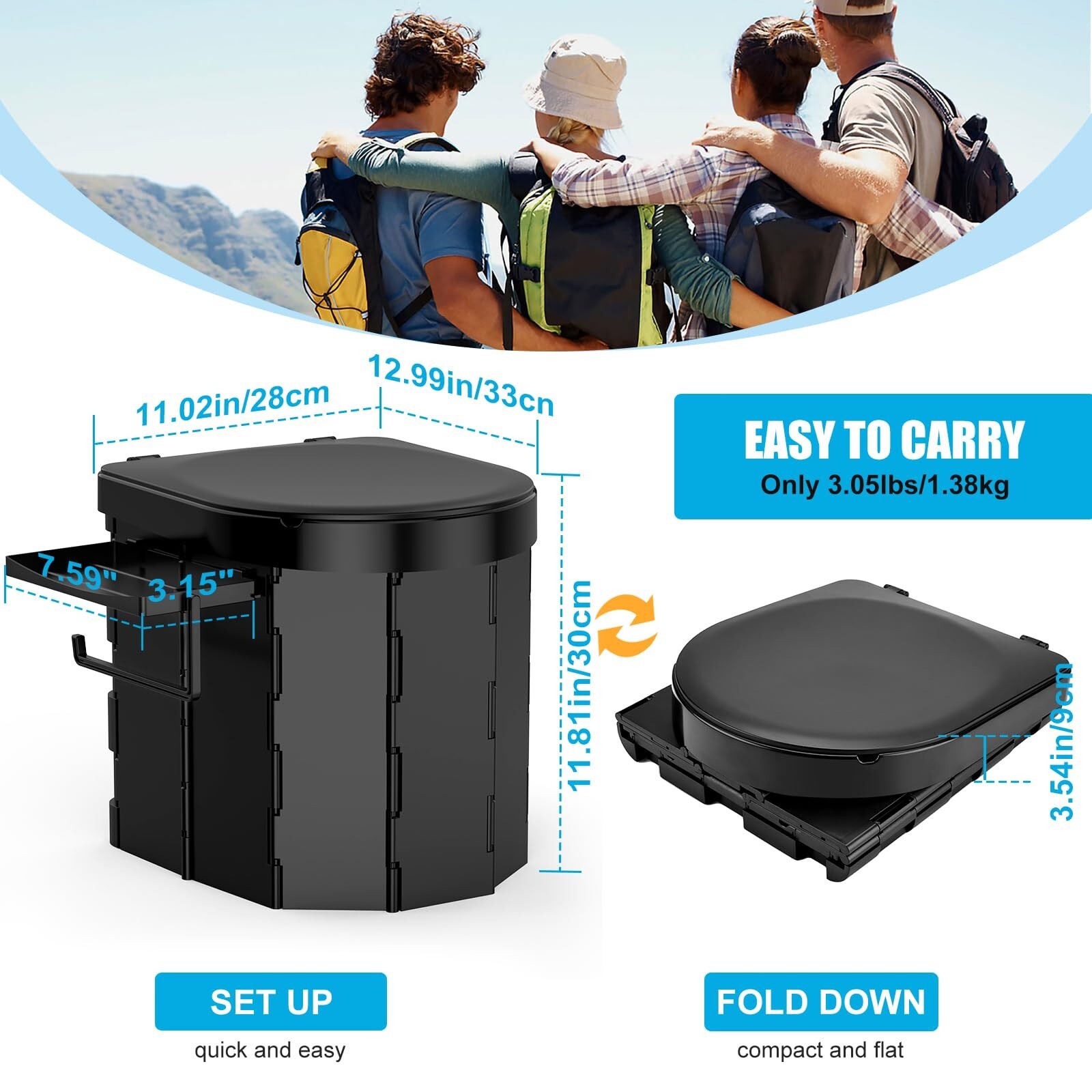 US Portable Camping Toilet with Detachable Phone Shelf and Toilet Paper Holder