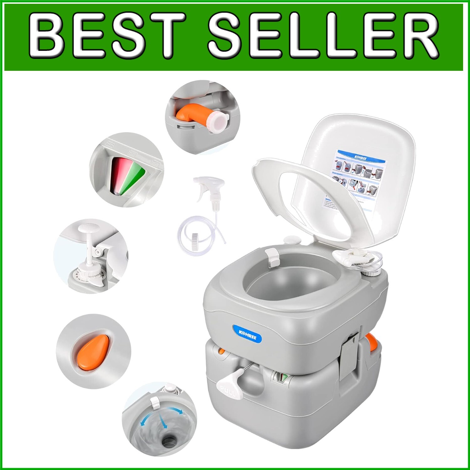 Portable RV Toilet with 5.8 Gallon Detachable Waste Tank – Leak-Proof &Odorless#