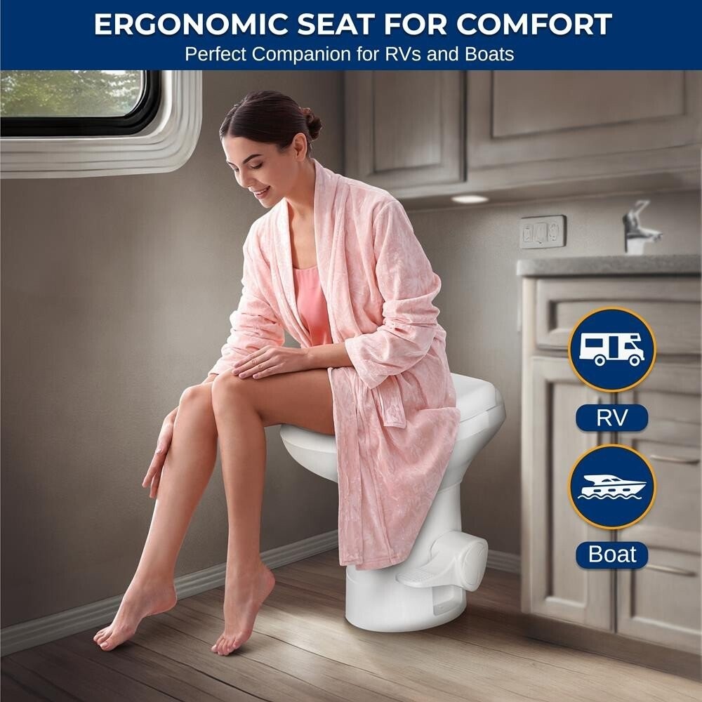 SereneLife RV Plastic Bowl Gravity Flush Toilet w/ Hose Connector, Hand Sprayer