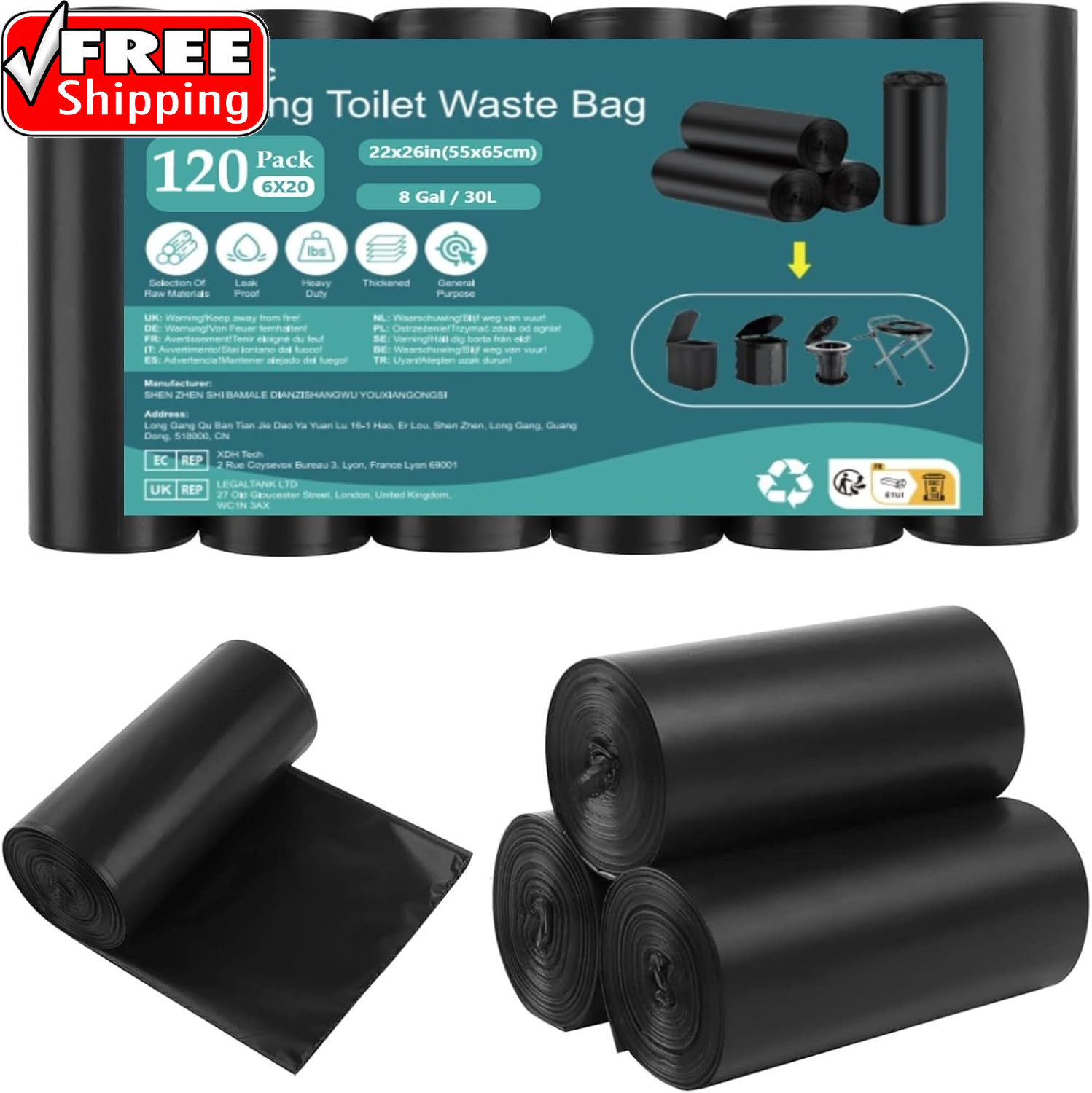 Camping Toilet Bags, 120 PCS (6 Roll) Portable Toilet Bags, Thickened Toilet Was