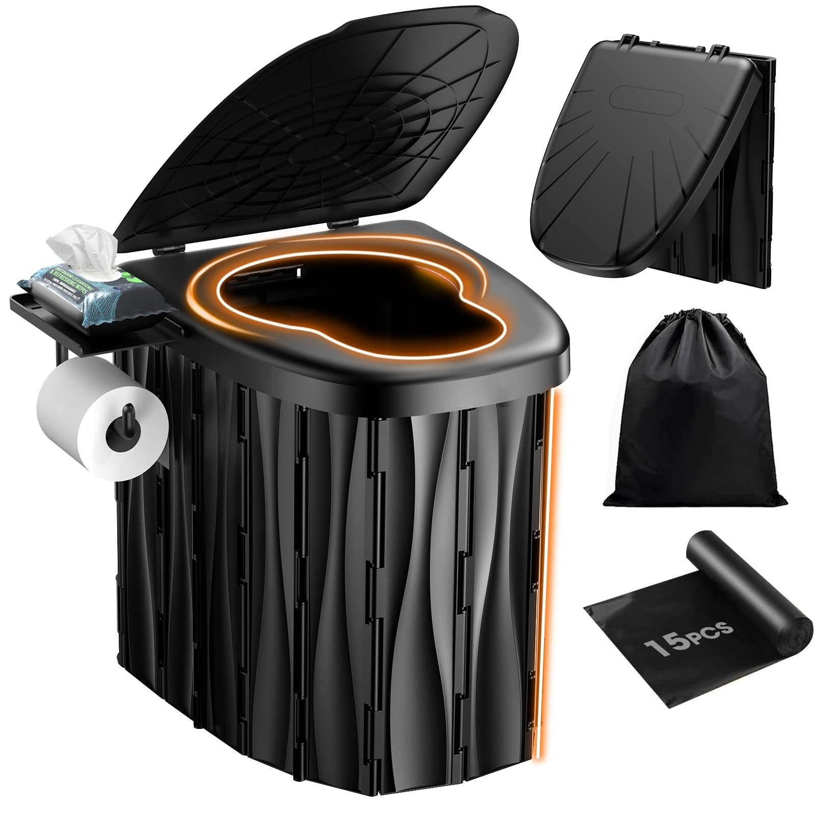 Upgraded 15″ XL Portable Toilet for Camping, RV, Hiking, 500 LBS Capacity, Lid &