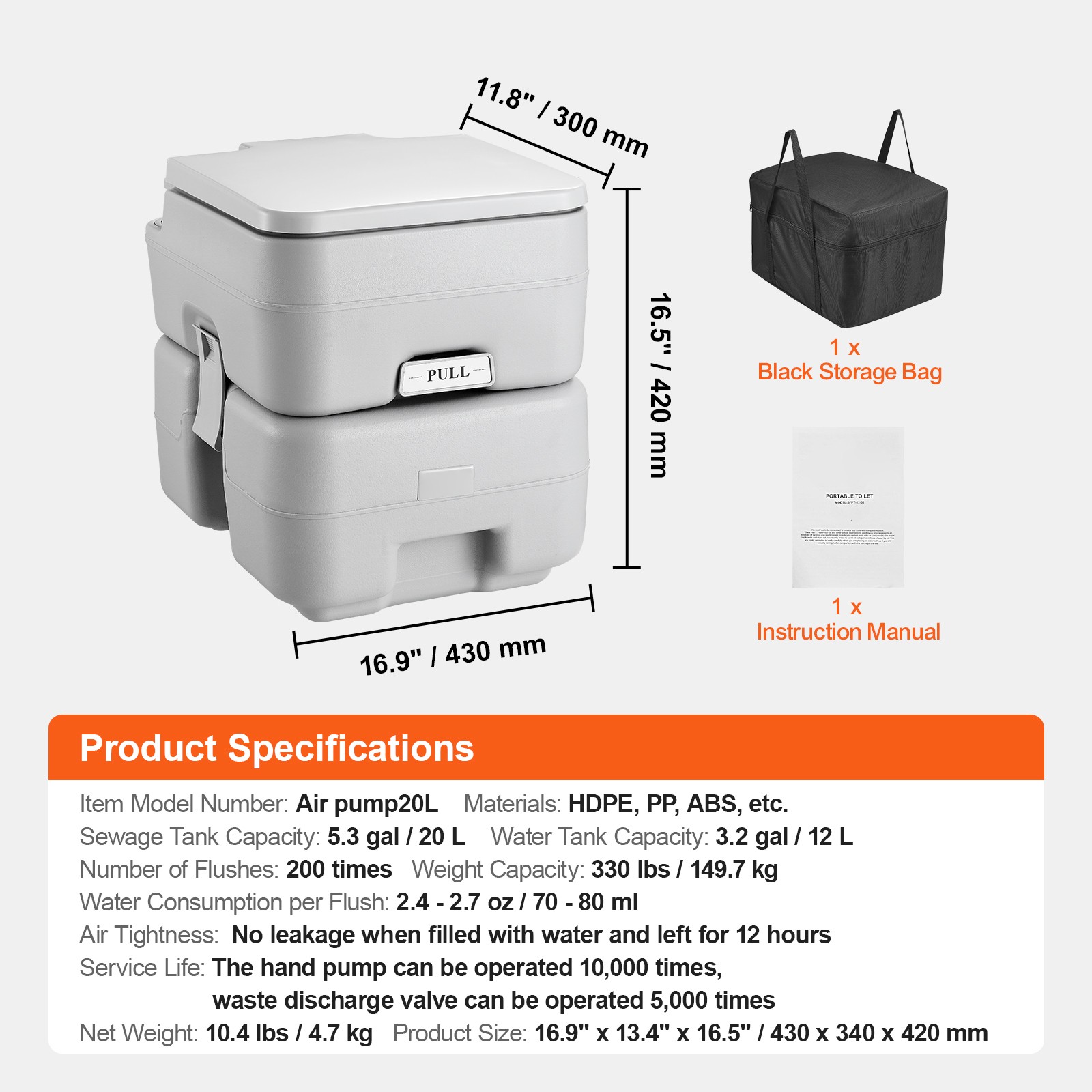 VEVOR Portable Toilet Flush Travel Camping 5.3 Gal Commode Potty with Carry Bag