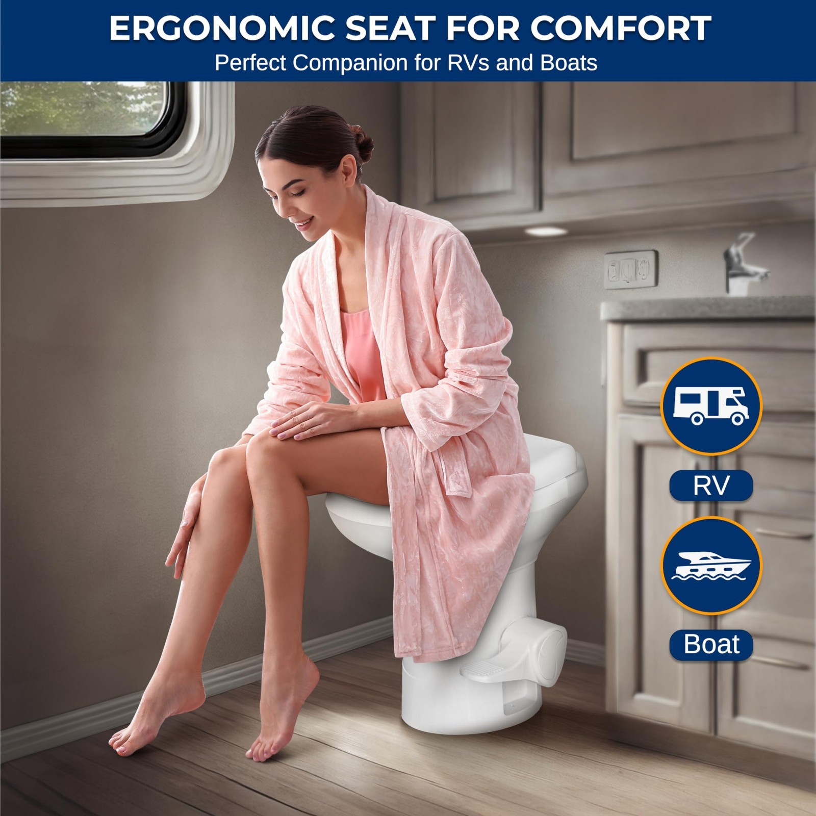 RV Gravity Flush Toilet with Foot Pedal & Hand Sprayer – Odor-Resistant, Full-Bo