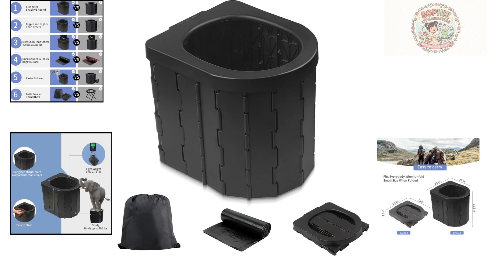 Ergonomic Portable Toilet for Camping & Travel – Includes 12 Bags for Hygiene