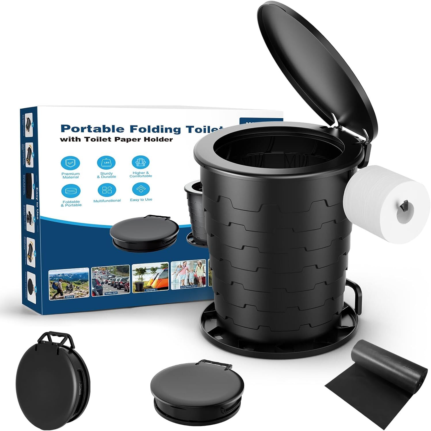 Portable Toilet Retractable Porta Potty for Camping with Paper Holder and Lid