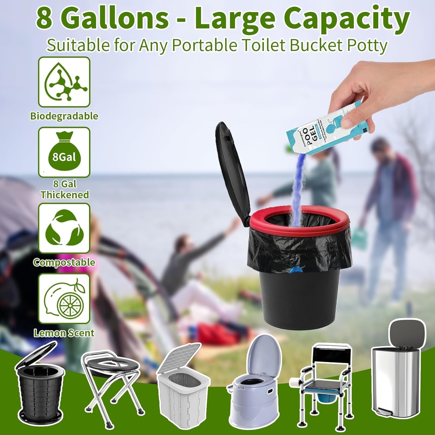 Portable Toilet Bags Poo Gel Set, 8 Gallon Camping Toilet Bags with Portable …