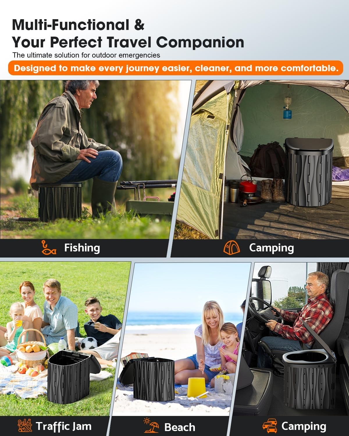 Upgraded 15″ XL Portable Toilet for Camping, RV, Hiking, 500 LBS Capacity, Lid &