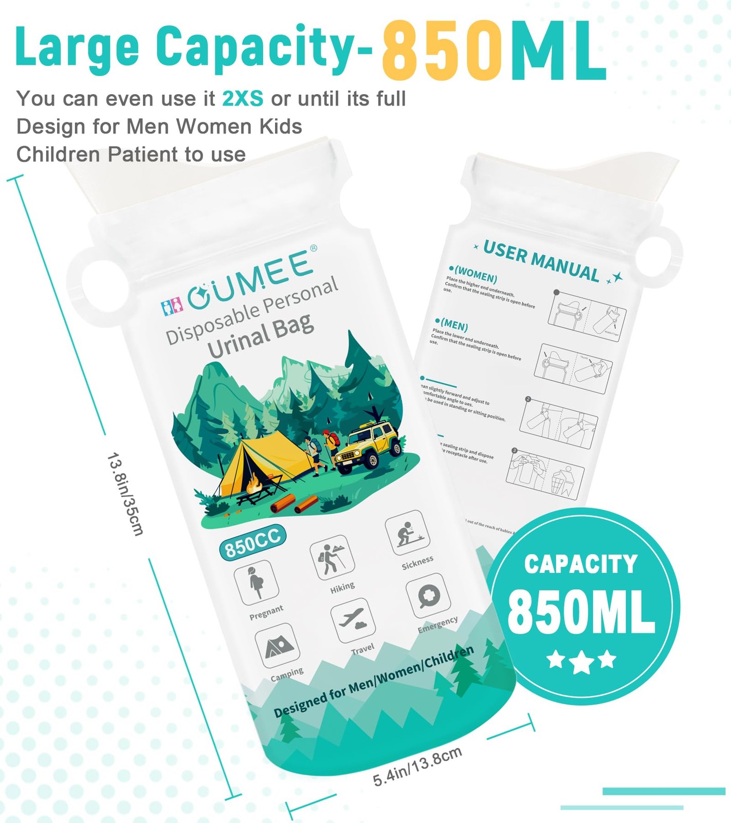 OUMEE 800ML Emergency Disposable Urinal Bags, 8/12/20/23/28 Pcs Large, white