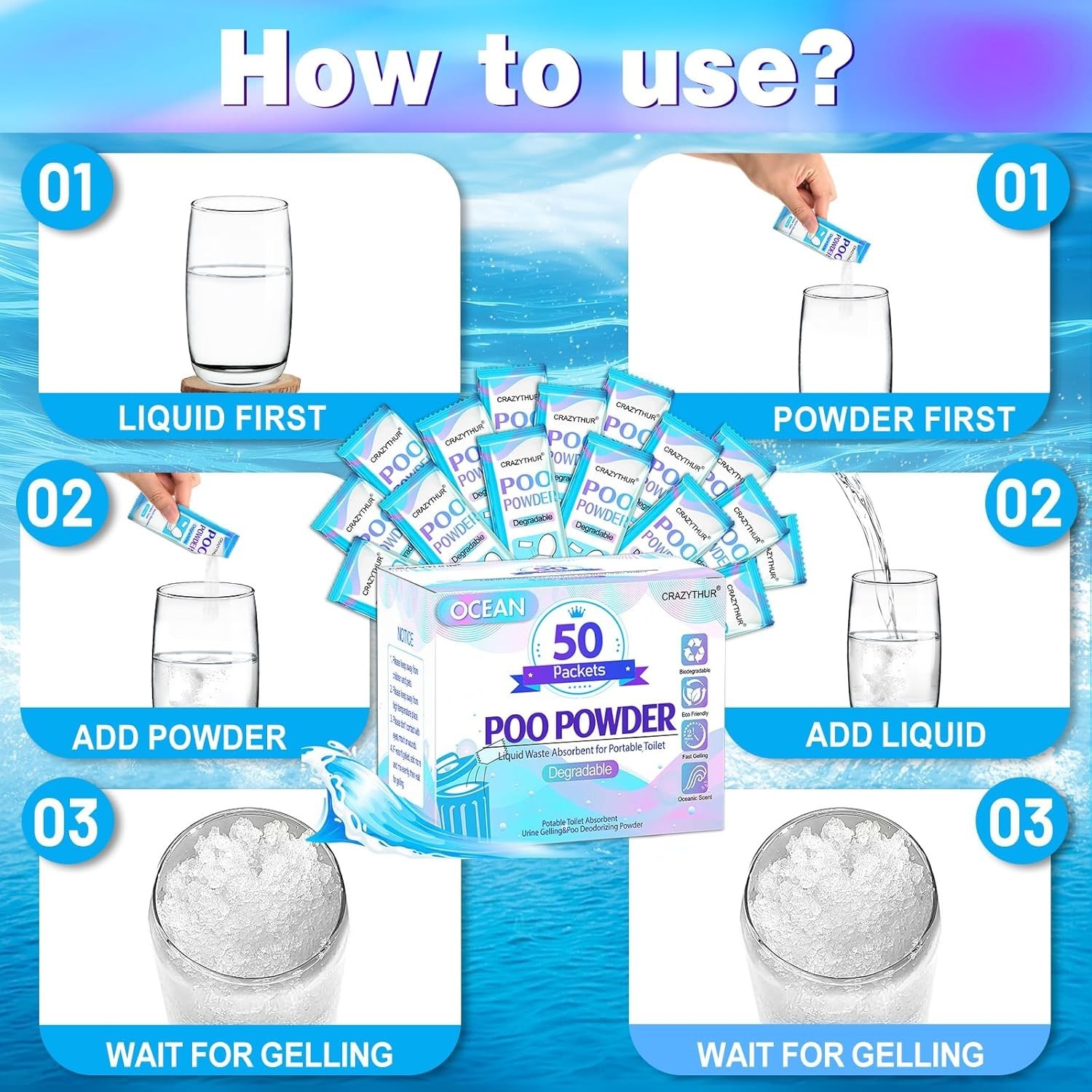 Portable Toilet Gel, Poo Powder for Portable Toilet, Camping Toilet Gel, Pee Pow