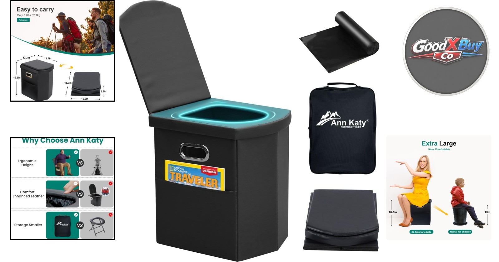 Upgrade XL Portable Toilet for Adults Travel Folding Camping Toilet Black Ref…
