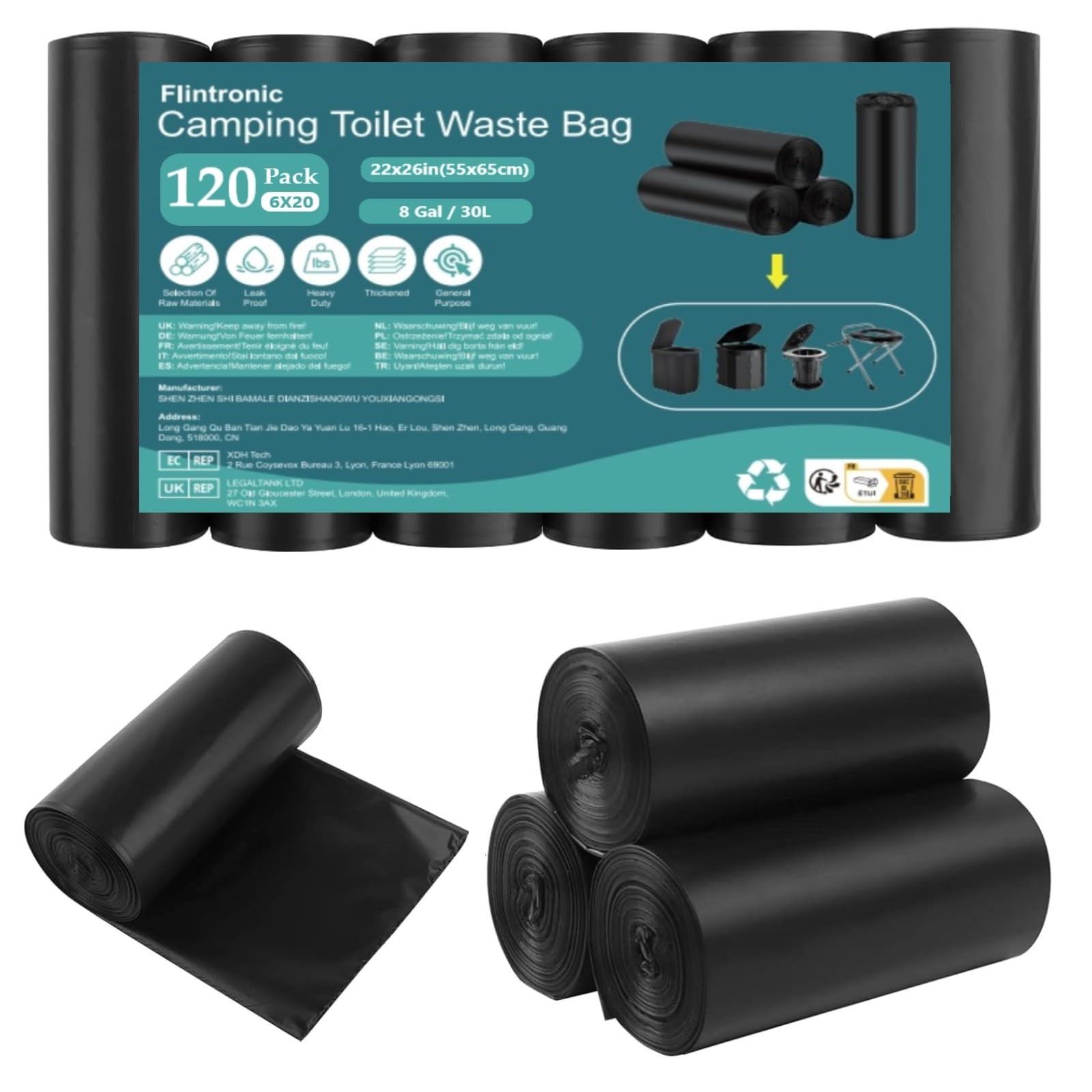 120 Pack Camping Toilet Bags 30L Heavy Duty Portable Waste Liners Black