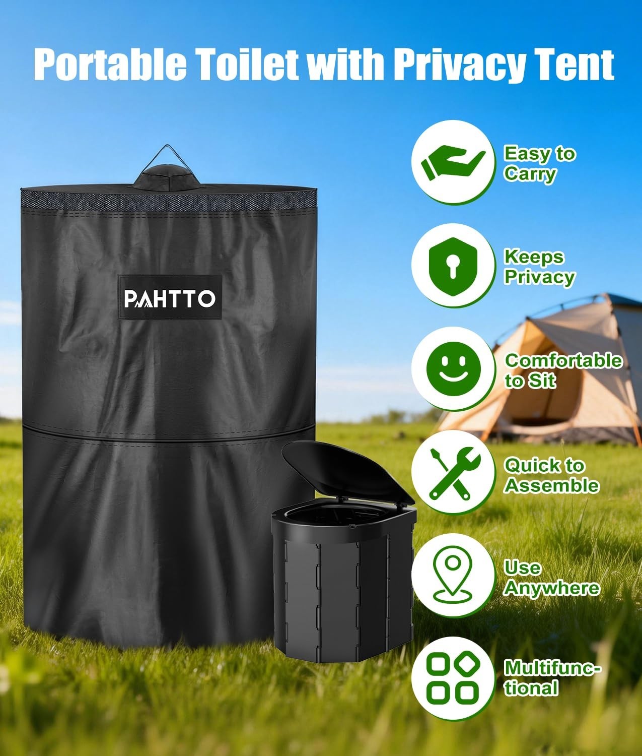 Portable Camping Toilet with Privacy Popup Tent 2-in-1 Phone Shelf &Paper Holder