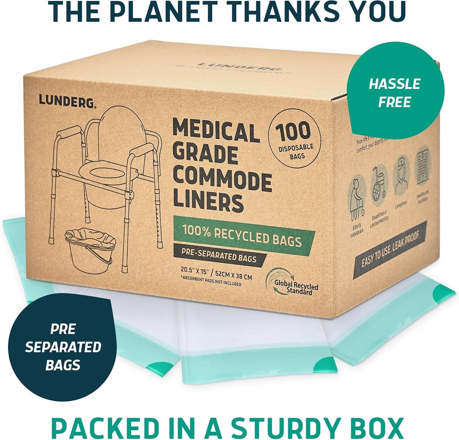 Recycled Disposable Commode Liners – 100 Unscented Toilet Bags for Hygiene