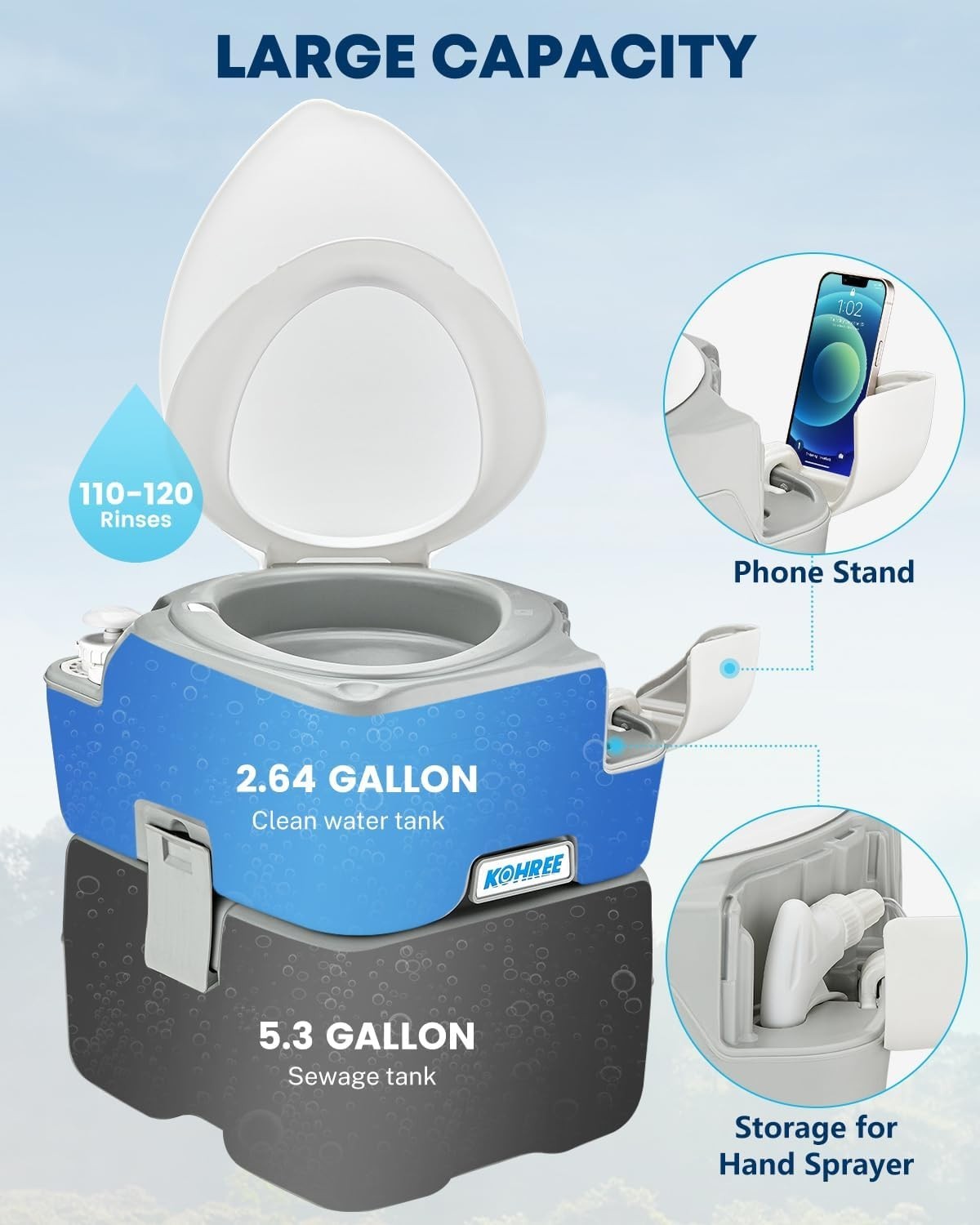 Camping Toilet Portable 5.3 Gal: 20L Porta Potty for Adults with Diagonal Elonga