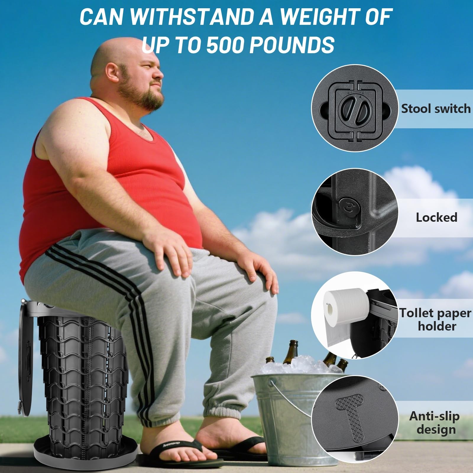 XXL Retractable Portable Toilet Travel Toilet (440lbs Capacity) Adjustable He…