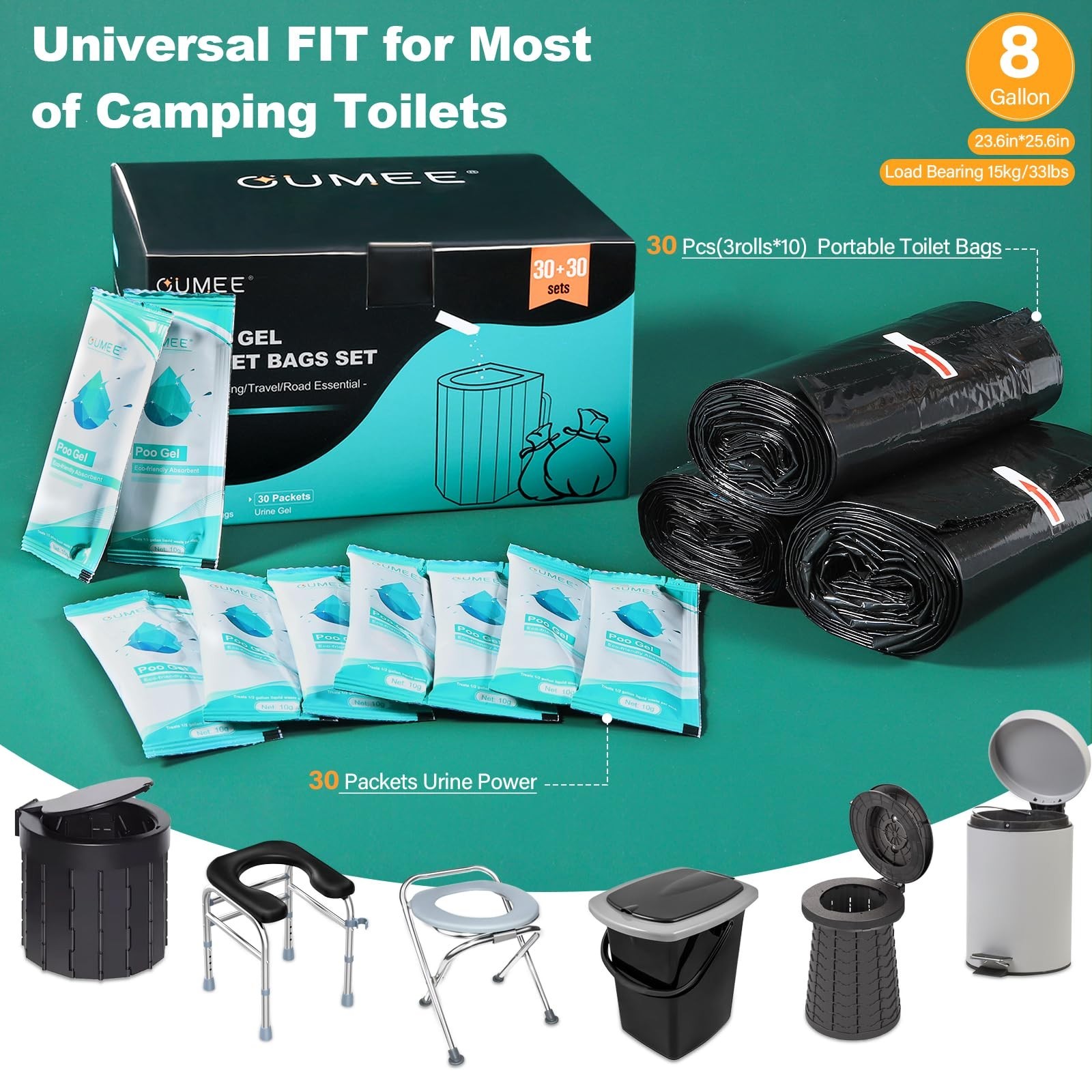 30 Portable Toilet Bags with Absorbent Gel – 8 Gallon Camping Waste Bags for RVs