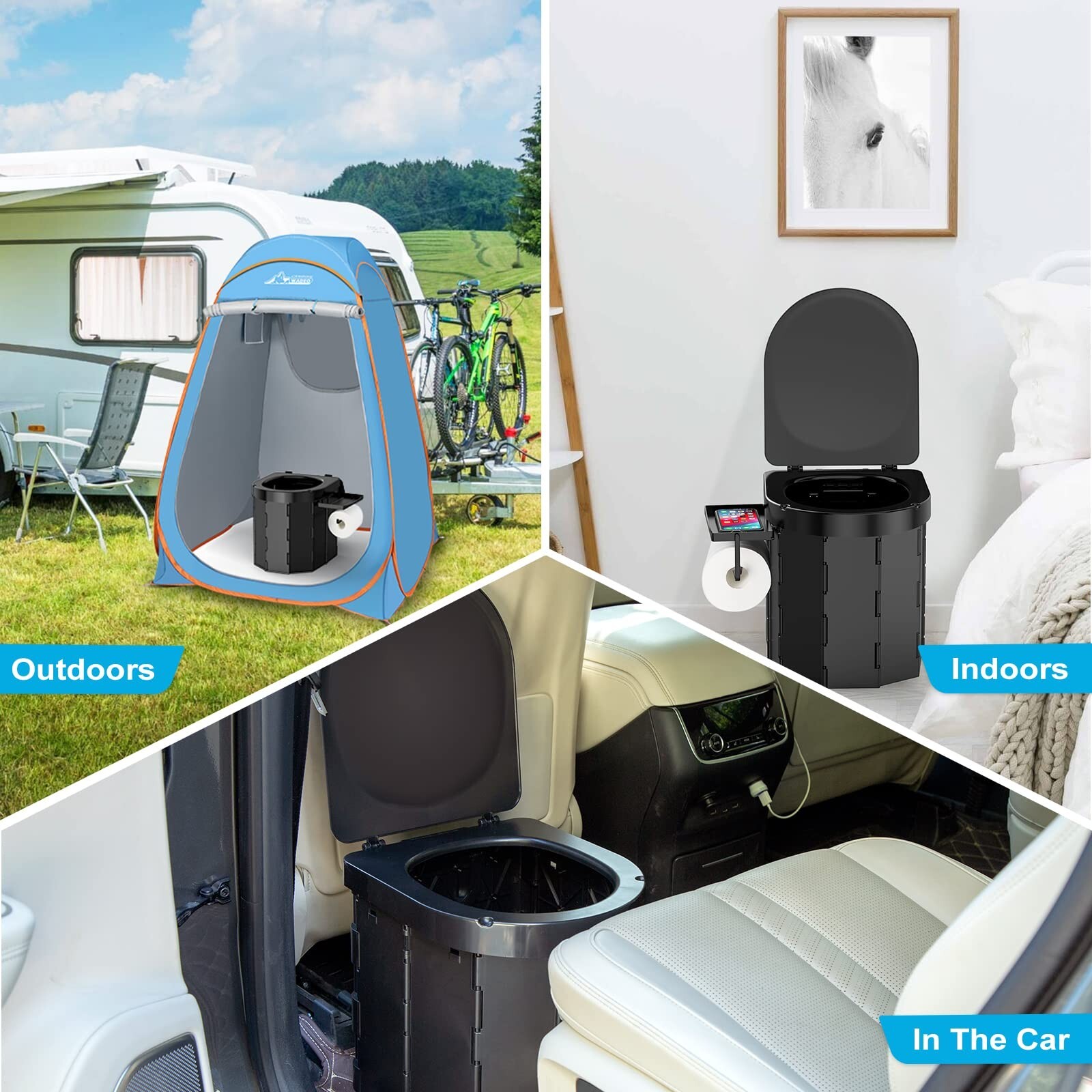 US Portable Camping Toilet with Detachable Phone Shelf and Toilet Paper Holder