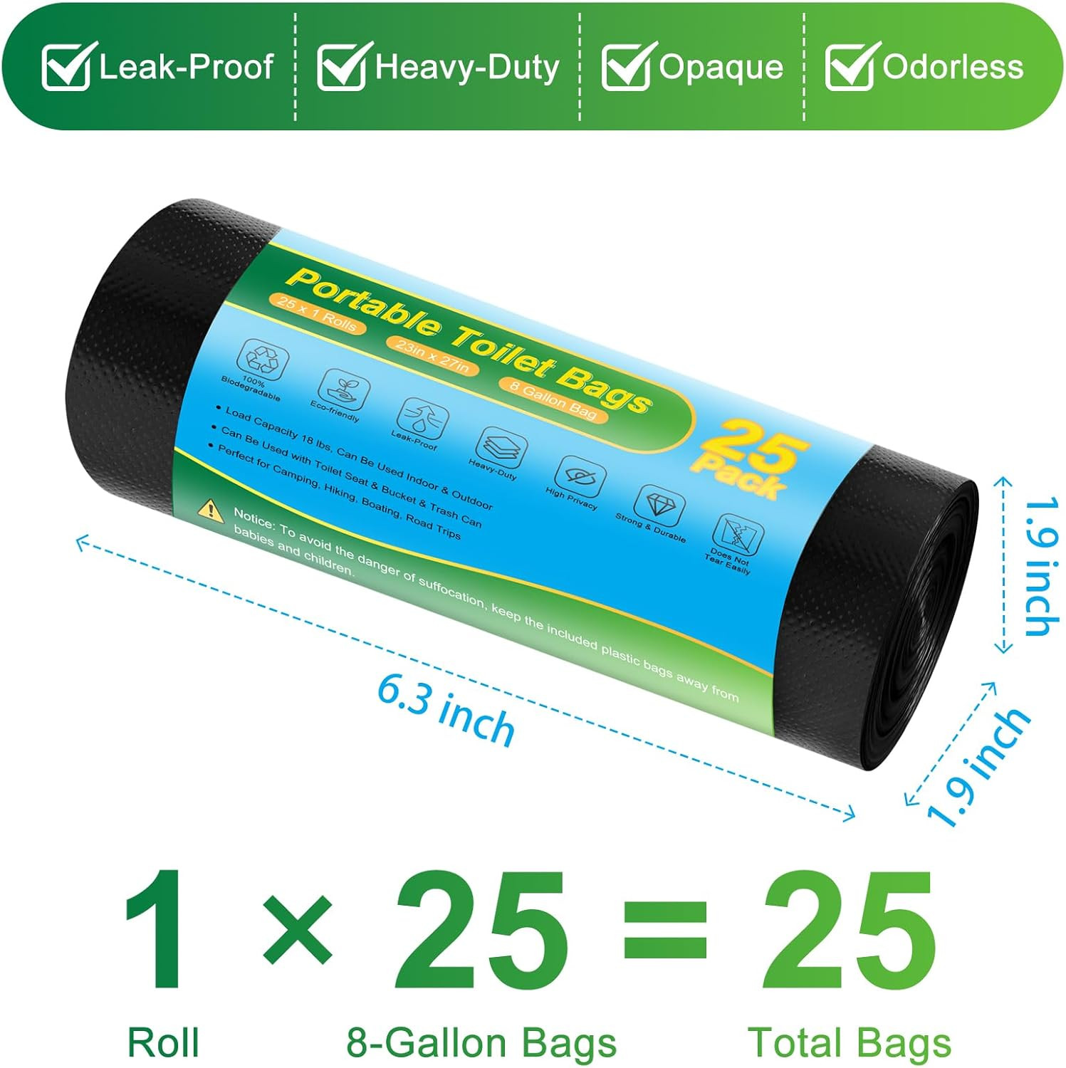 Portable Toilet Bags – 8 Gallon Camping Toilet Bags, Biodegradable Travel Potty