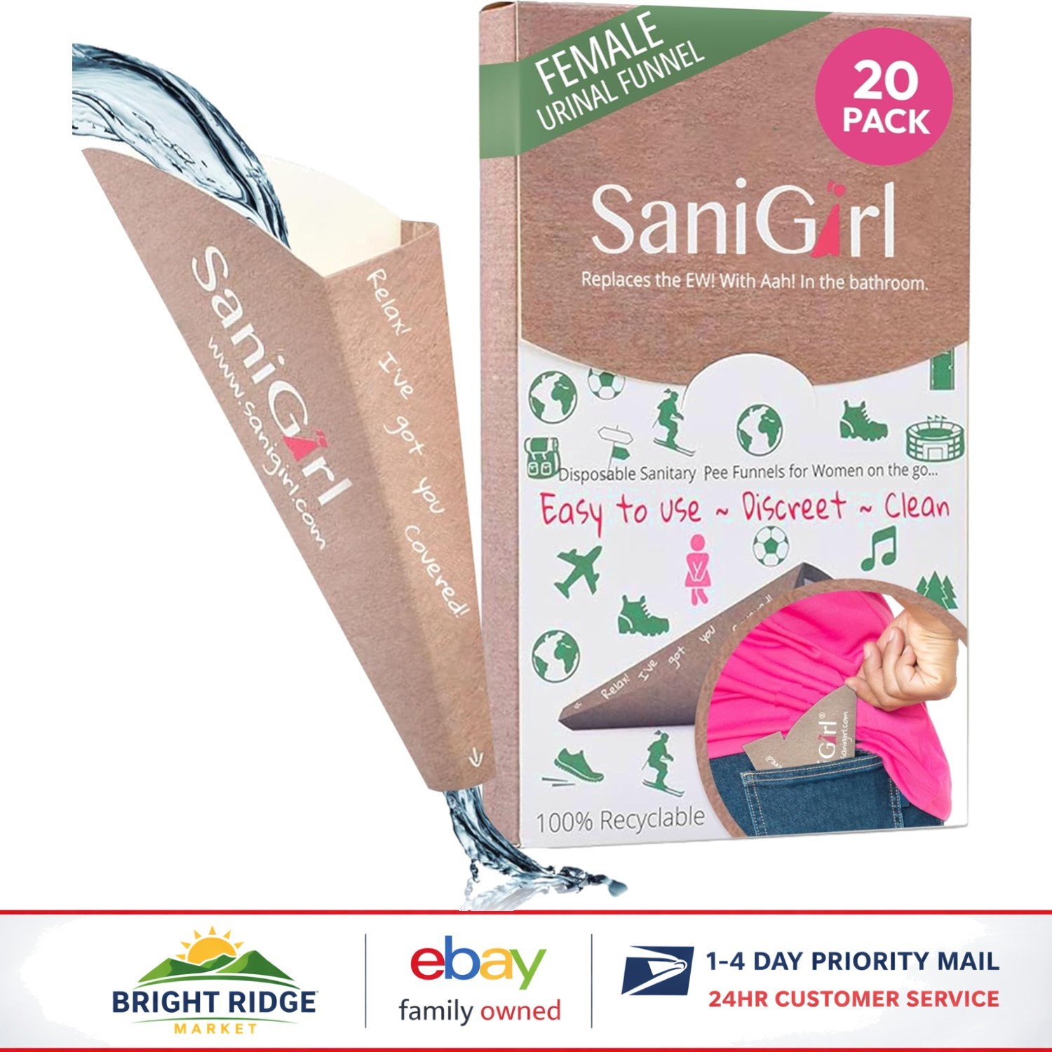 Leak-Proof Female Pee Funnel, 20 Count, Great for Hiking and Outdoor Activities