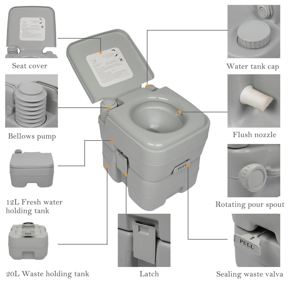 Camping Camper Motorhome Toilet 20L 5 Gallon WC Chemical Porta Potti Outdoor New