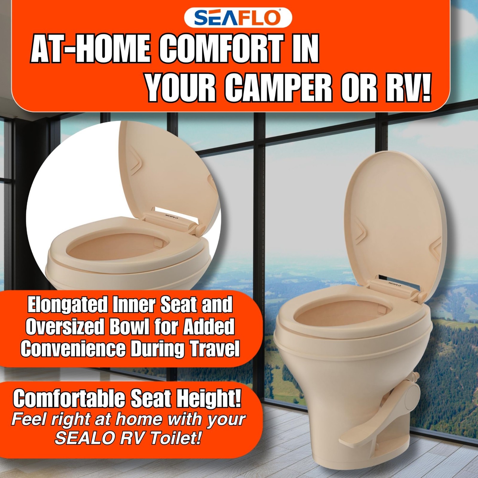 SEAFLO Bone-Colored Residential Height Camper/RV Toilet, 18.5” Height