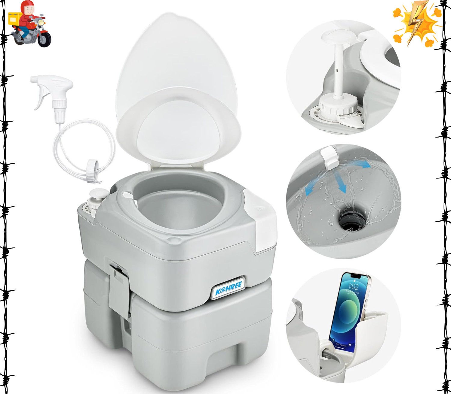 Camping Toilet Portable 5.3 Gal: 20L Porta Potty for Adults with Diagonal Elonga