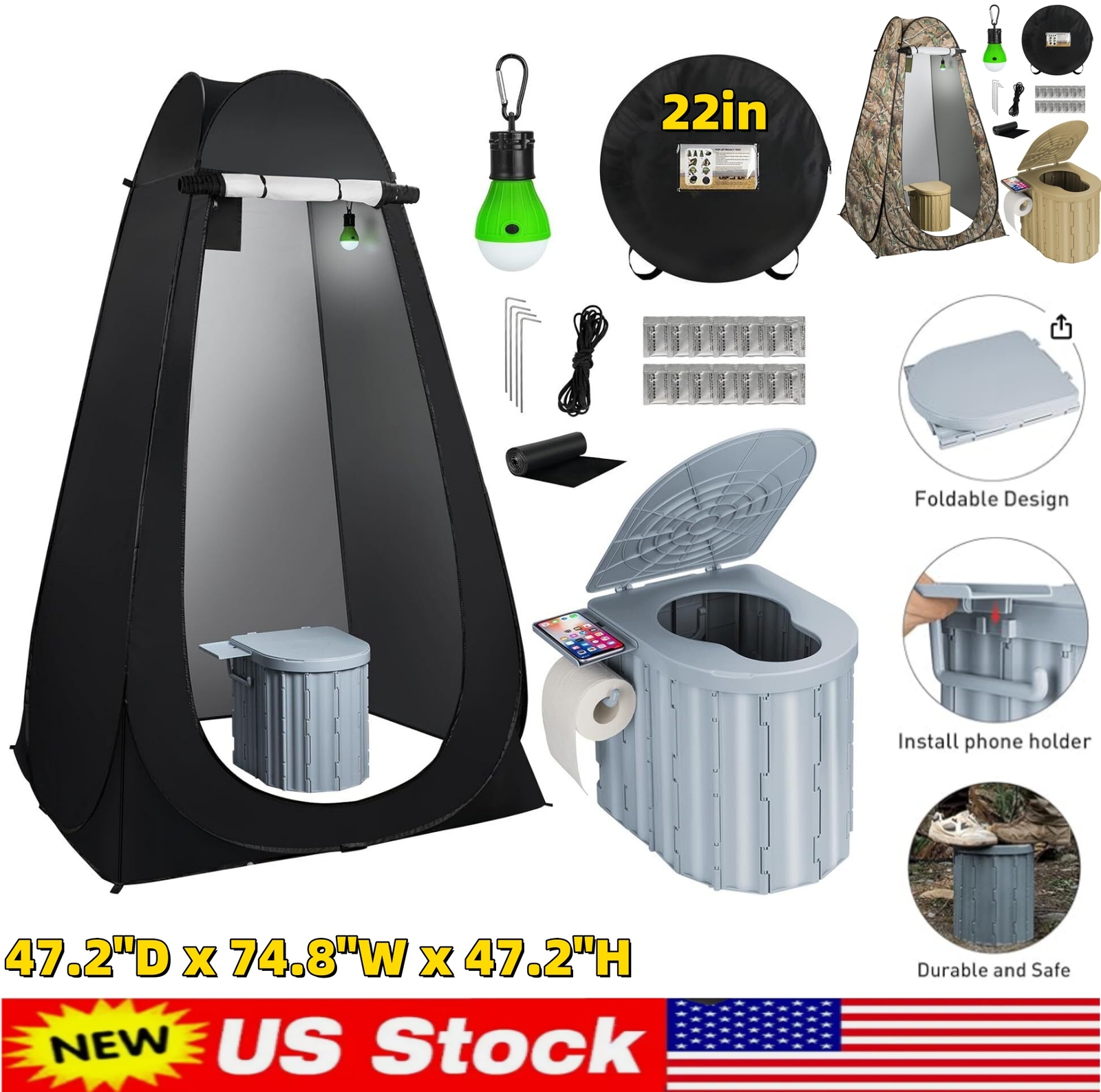 Portable Potty Toilet with Pop-Up Privacy Tent Outdoor Camping Travel Mobile US