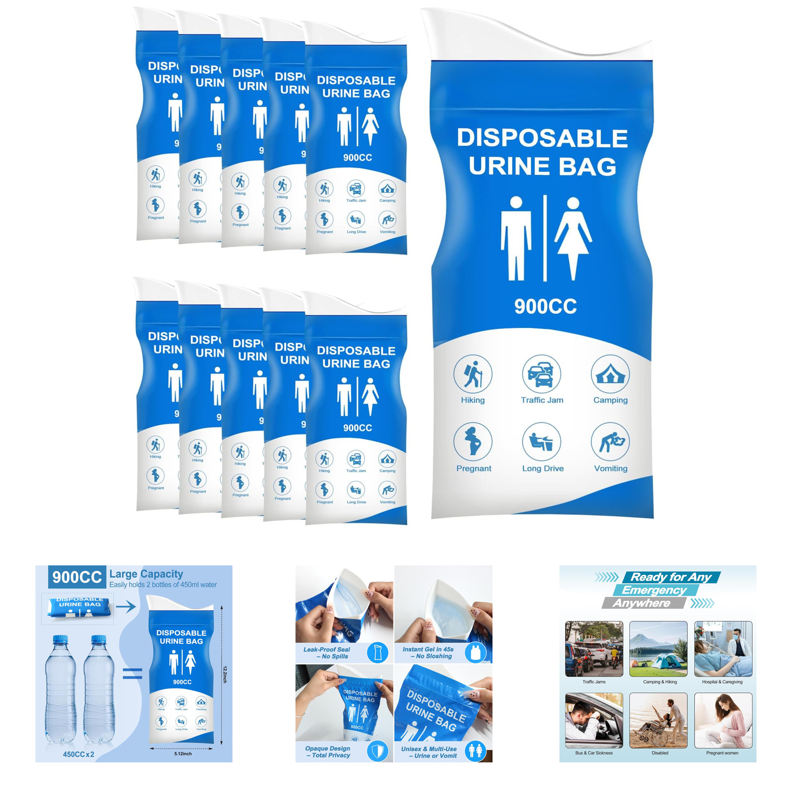 Disposable Urine Bags 900ml Unisex Leak-Proof Travel Emergency Relief for Adults