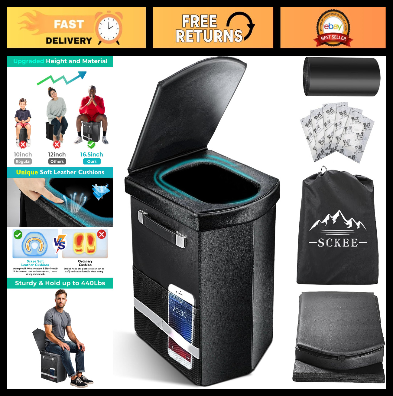 Upgraded XL Portable Toilet for Adults – Tall Camping Potty with Lid & Carry Bag